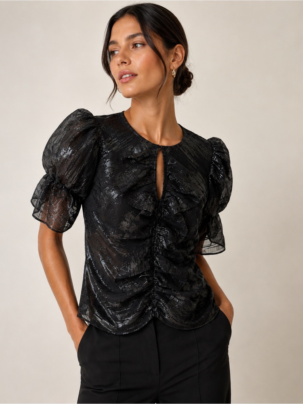 Frame Metallic Silk Blend Ruched Puff-Sleeve Blouse Black Silver Ruffle Small